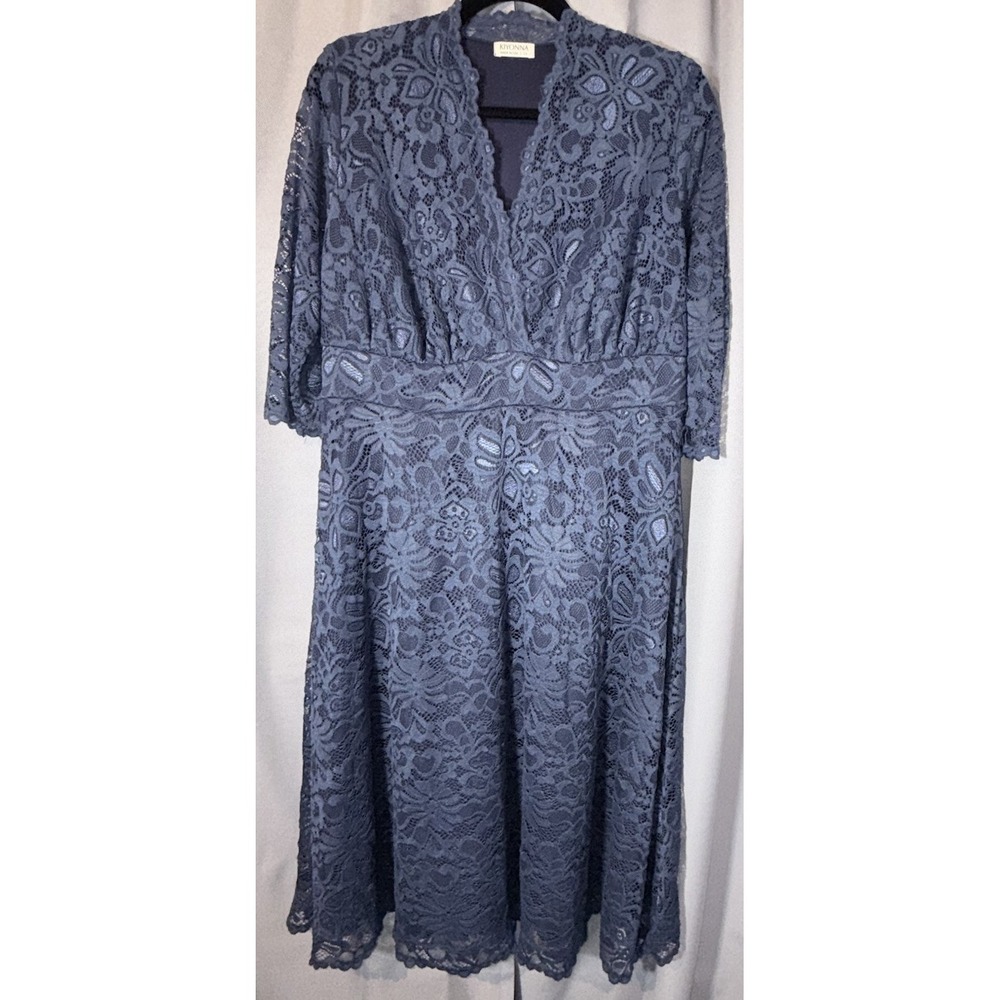 Kiyonna Mademoiselle Lace Dress Navy Blue Floral V-Neck A-Line Midi Womens 1X